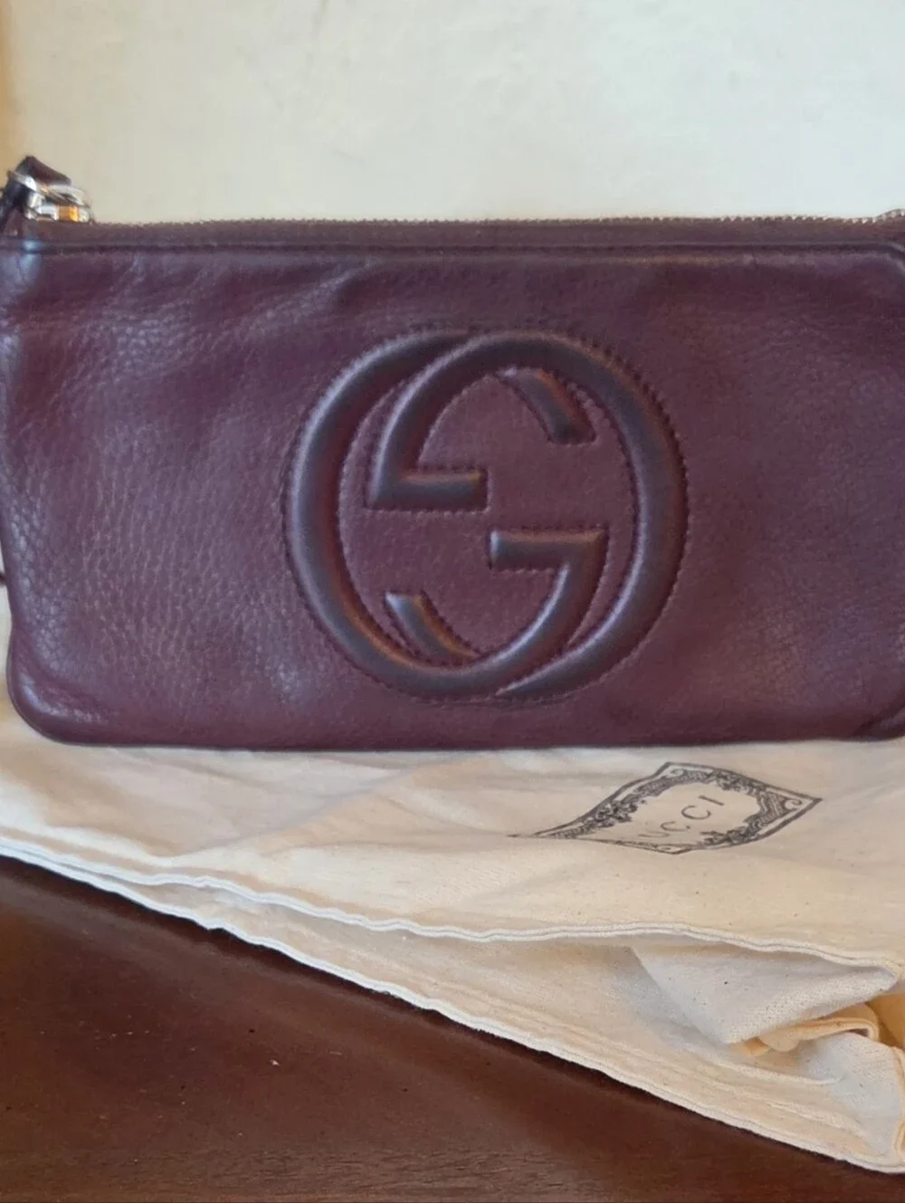 GUCCI Soho Patent Leather GG Dark Burgundy Wristlet